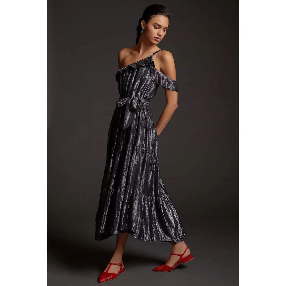 New Anthropologie x Maeve Ruffled One-Shoulder Midi Dress sz L